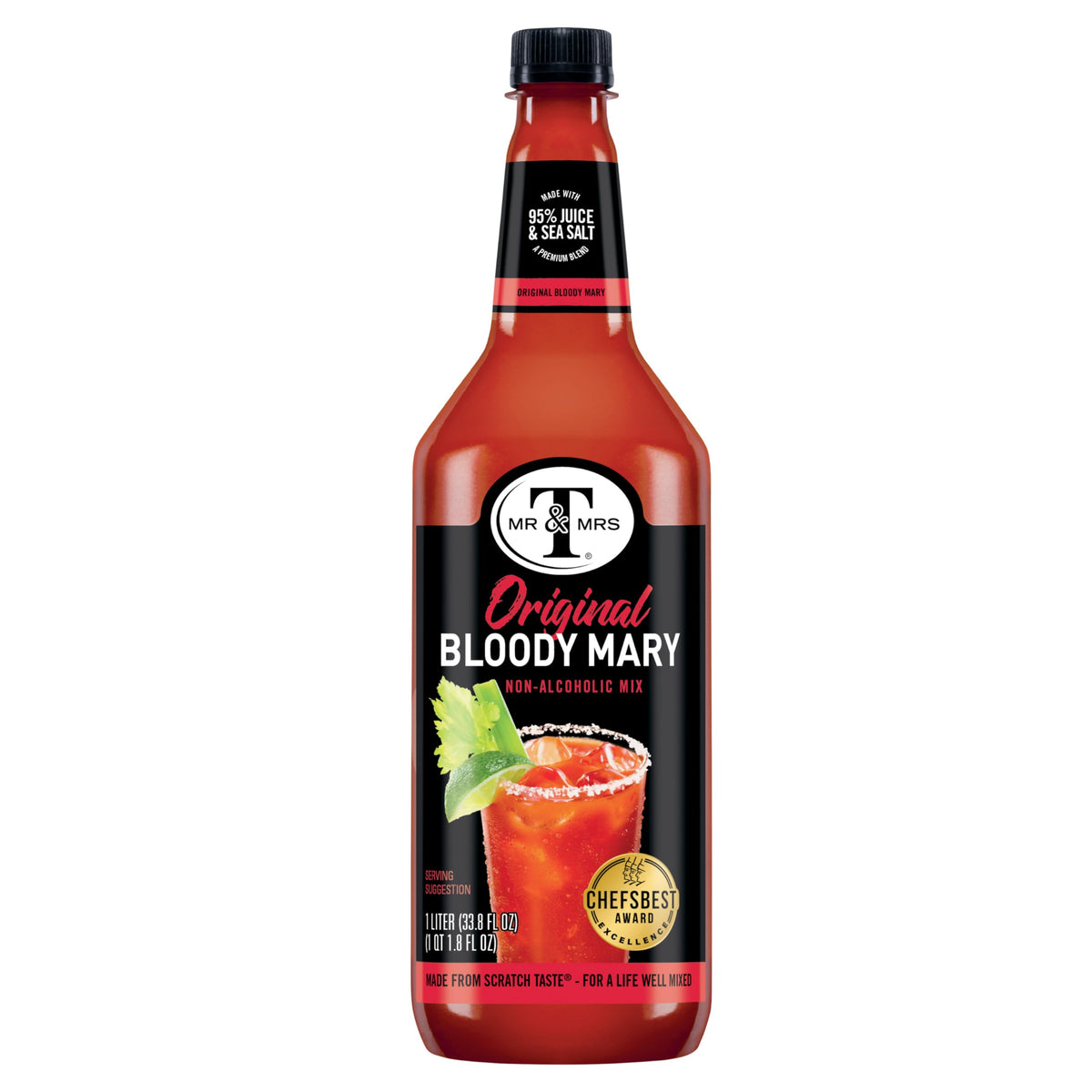 Mr & Mrs T Original Bloody Mary Mix label closeup shows tomato-forward blend and sea salt.
