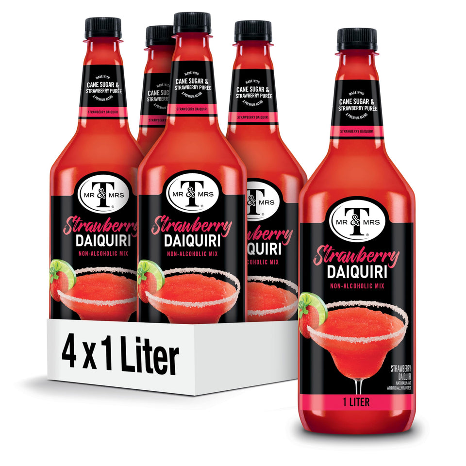 Mr & Mrs T Strawberry Daiquiri Margarita Mix bottle highlighting cane sugar flavor
