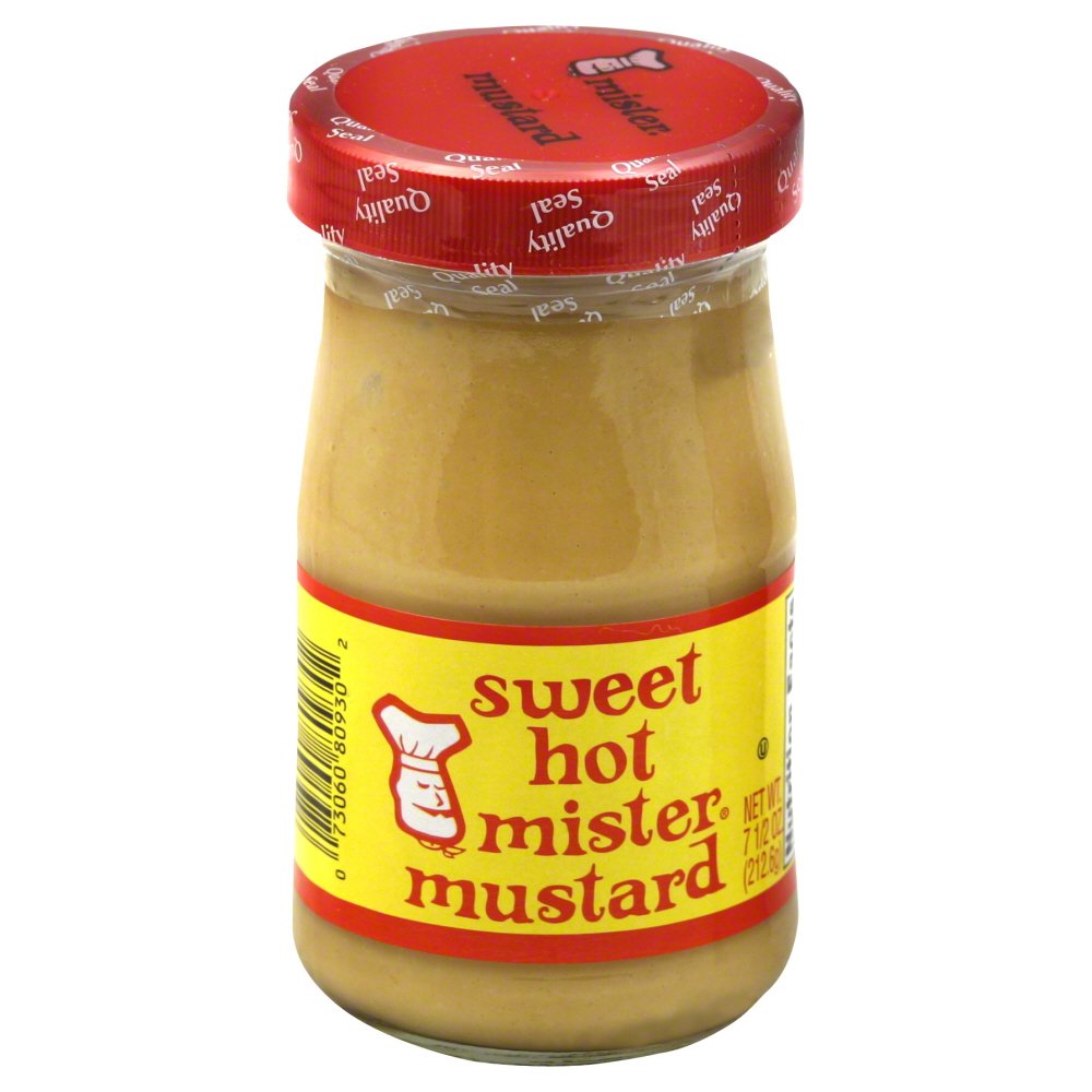 Mr. Mustard Sweet Hot Mister Mustard jar with creamy texture for pretzels and sandwiches.
