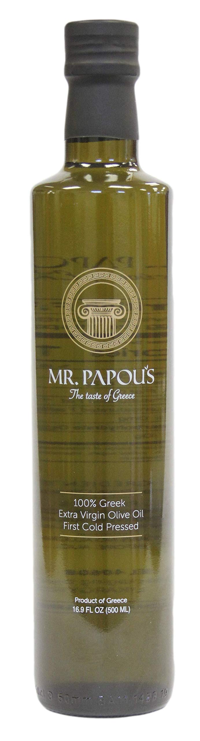 Mr. Papou's authentic Greek olive oil bottle on a kitchen counter, ideal for drizzle