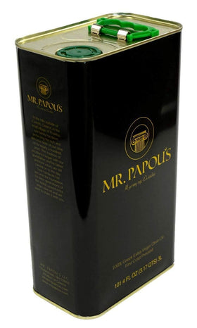 Mr. Papou's authentic Greek olive oil bottle pour enhances meals with rich aroma and smooth finish.