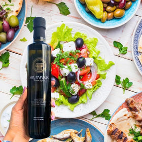 Mr. Papou's first cold-pressed Greek olive oil close-up on the label