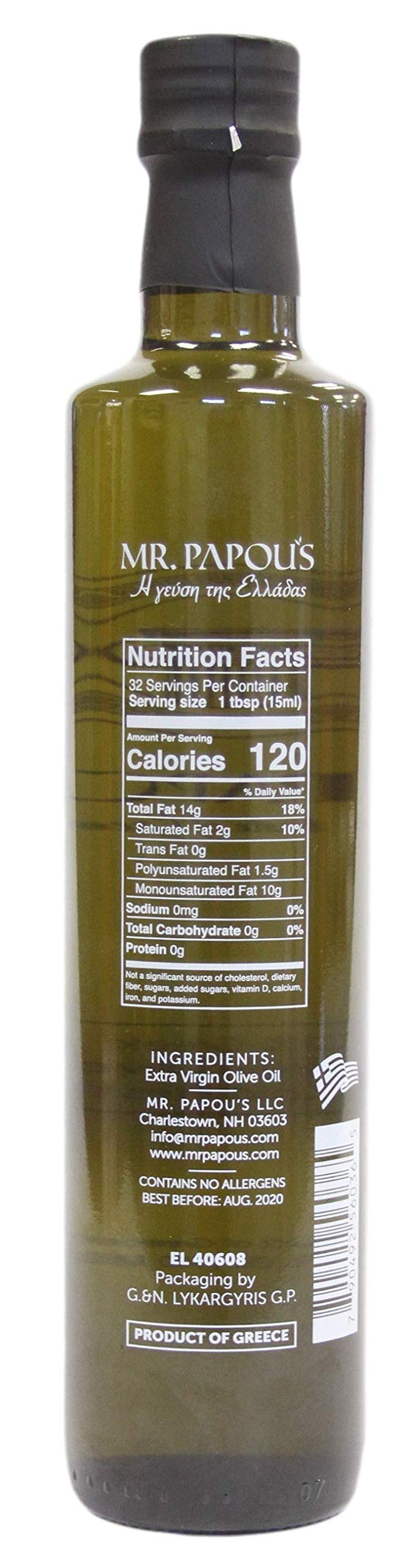 Mr. Papou's glass bottle of olive oil on a clean countertop
