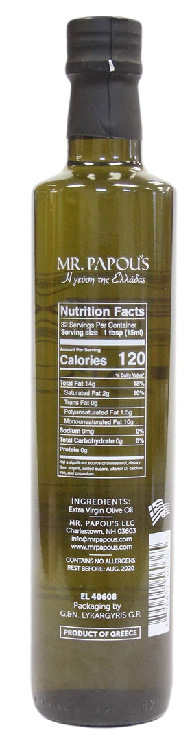 Mr. Papou's glass bottle of olive oil on a clean countertop