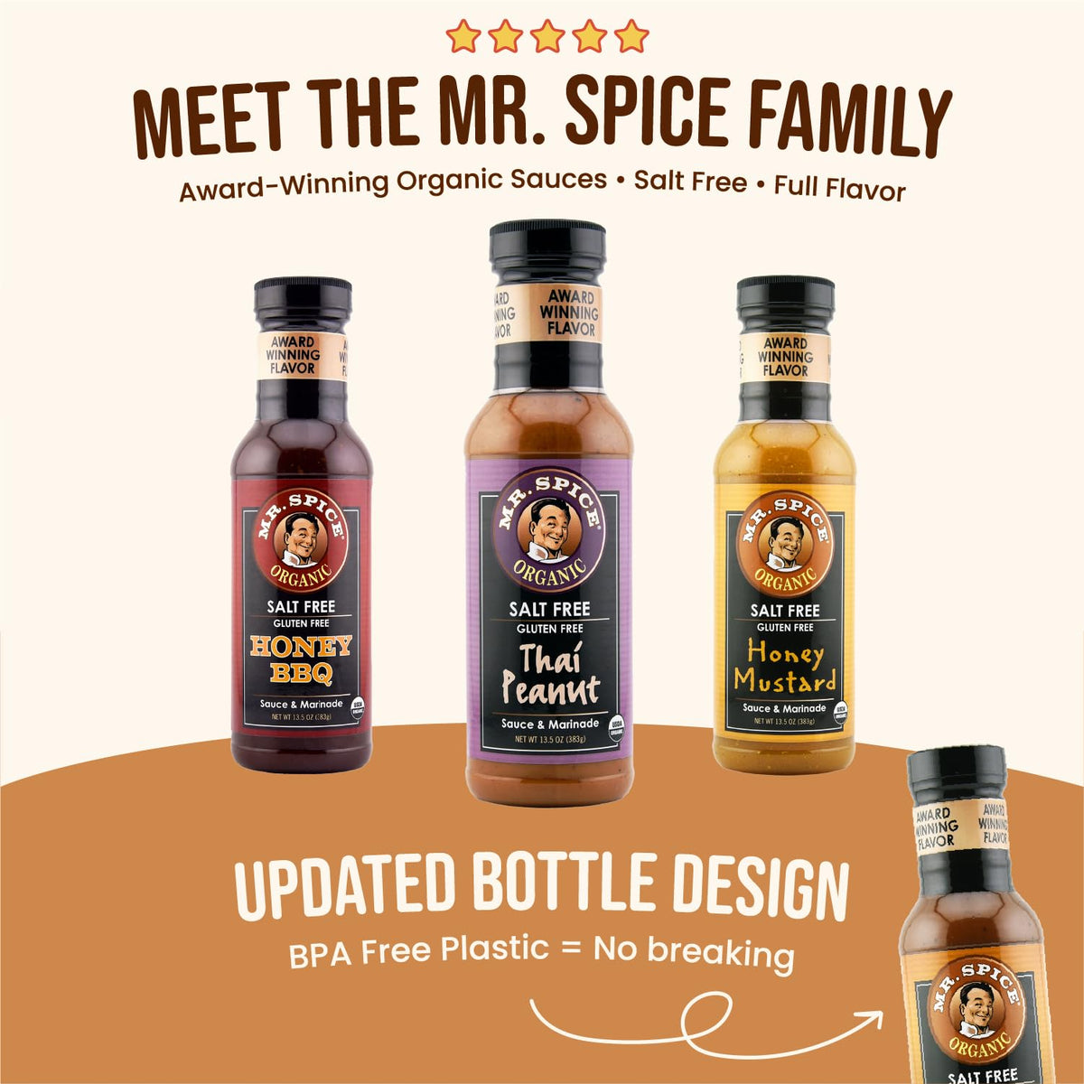 Blue Ribbon award badge beside Mr. Spice sauce bottle signaling flavor recognition