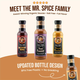 Blue Ribbon award badge beside Mr. Spice sauce bottle signaling flavor recognition