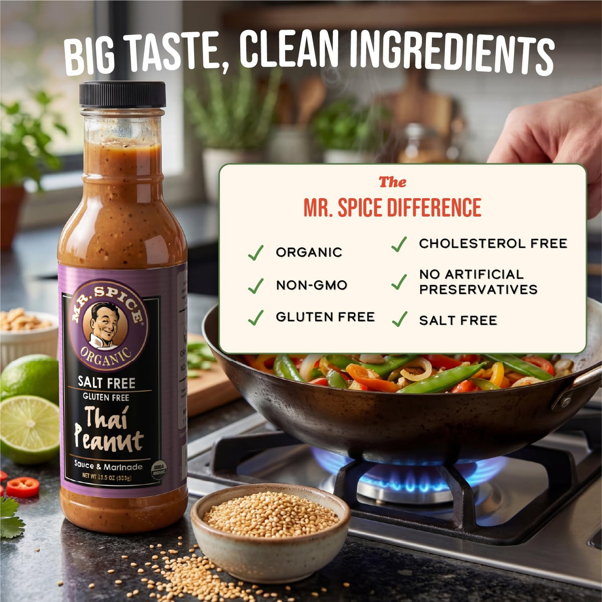 Low-sodium Mr. Spice Thai Peanut Sauce in a bowl for a stir-fry
