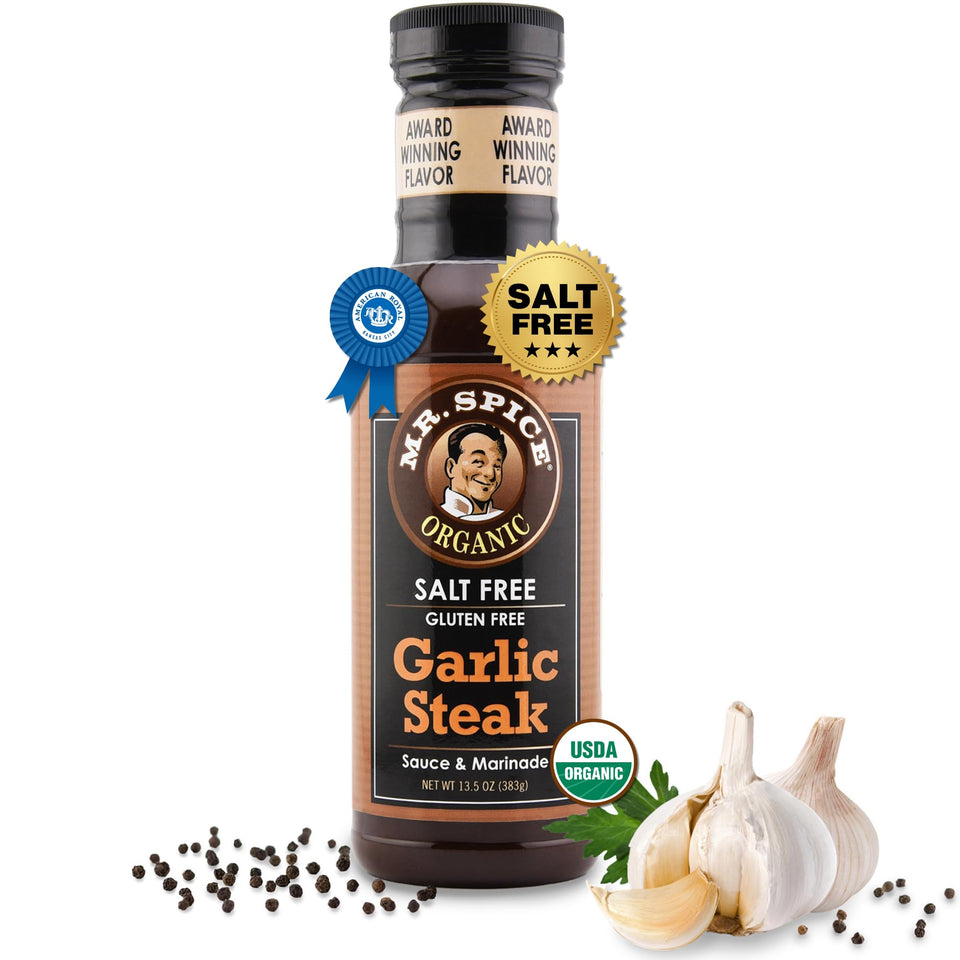 Mr. Spice Organic Garlic Steak Sauce bottle pour delivers rich, salt-free flavor for lean meats.