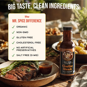 Mr. Spice Organic Garlic Steak Sauce glaze brush shows a glossy finish on grilled surface.