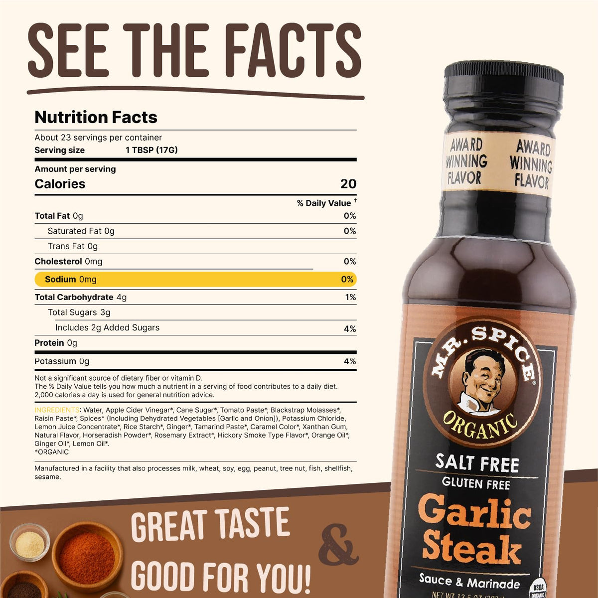 Mr. Spice Organic Garlic Steak Sauce label closeup highlights USDA Organic and gluten-free benefits.