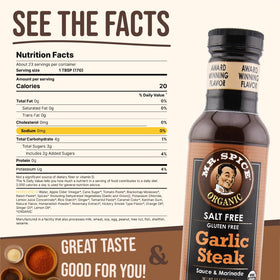 Mr. Spice Organic Garlic Steak Sauce label closeup highlights USDA Organic and gluten-free benefits.