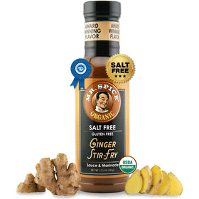 Mr. Spice Organic Ginger Stir Fry Sauce bottle pouring with low-sodium flavor for weeknight meals