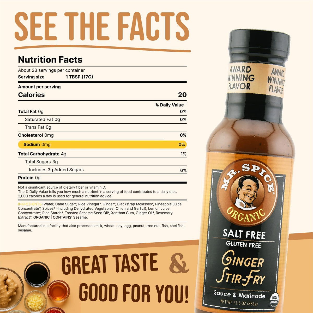 Close-up of USDA Organic and gluten-free labeling on Mr. Spice sauce