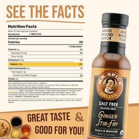 Close-up of USDA Organic and gluten-free labeling on Mr. Spice sauce