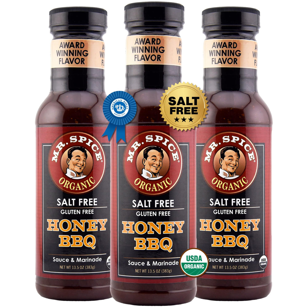 Mr. Spice Organic Honey BBQ Sauce bottle front view for low sodium grilling