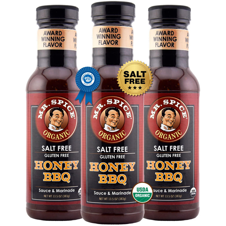 Mr. Spice Organic Honey BBQ Sauce bottle front view for low sodium grilling