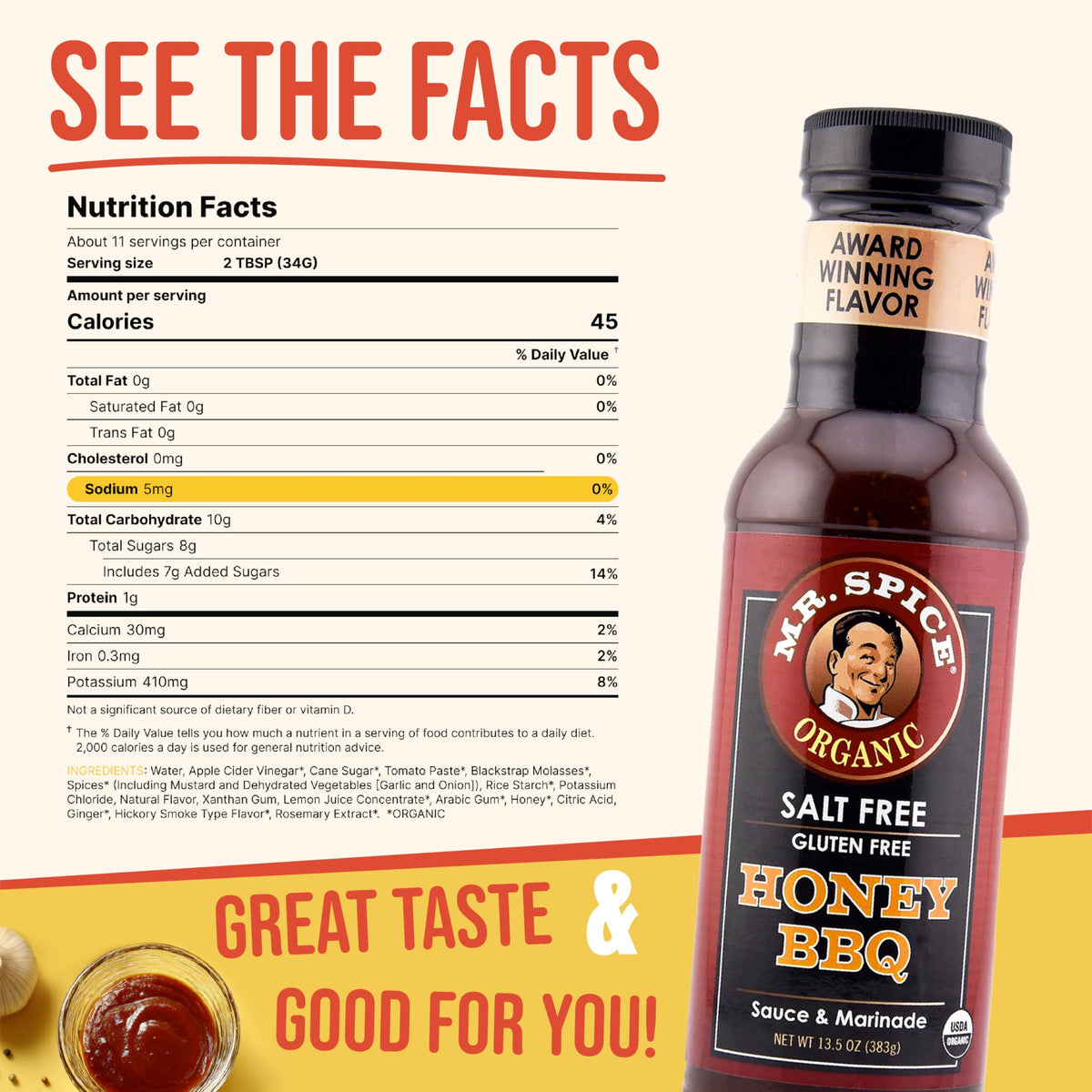 Mr. Spice Organic Honey BBQ Sauce bottle glaze on chicken and ribs for caramelized color