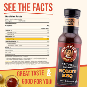 Mr. Spice Organic Honey BBQ Sauce bottle glaze on chicken and ribs for caramelized color