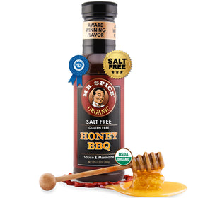 Mr. Spice Organic Honey BBQ Sauce bottle pour for a glossy grill glaze