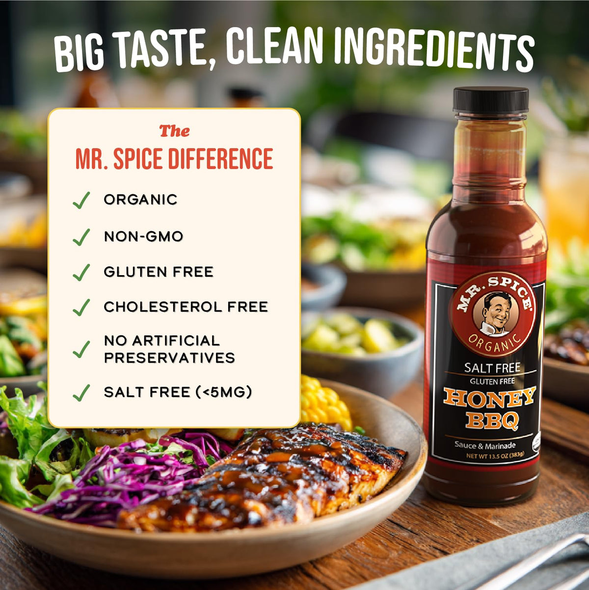 Mr. Spice Organic Honey BBQ Sauce on the grill with meat and vegetables sizzling