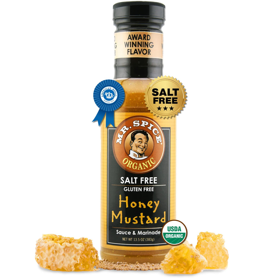 Mr. Spice Organic Honey Mustard sauce bottle pour for dipping and dressing.