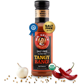 Mr. Spice Tangy Bang bottle on countertop, zero sodium per serving for mindful meals.