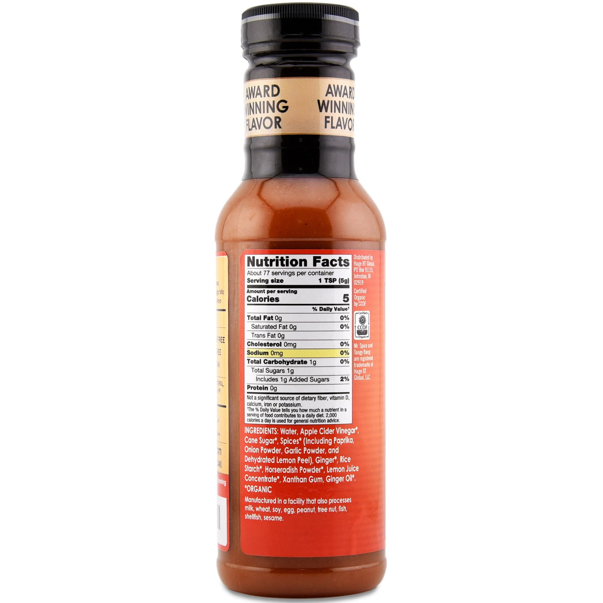 USDA Organic label close-up on Tangy Bang, gluten free and free from MSG.