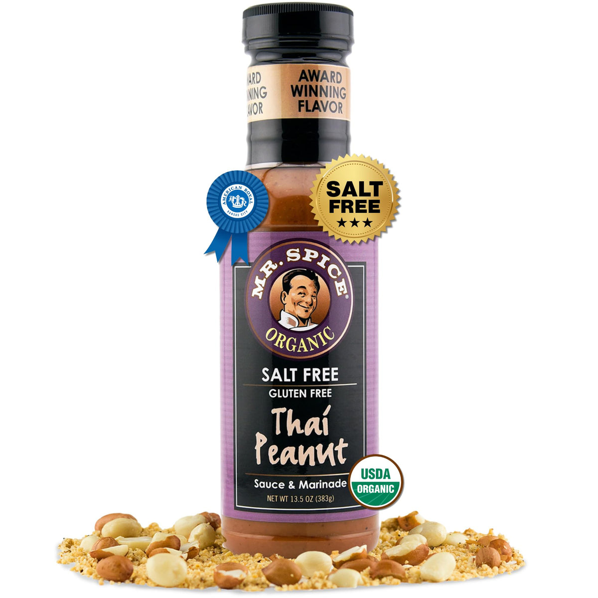 Mr. Spice Organic Thai Peanut Sauce jar front, gluten-free and zero added salt