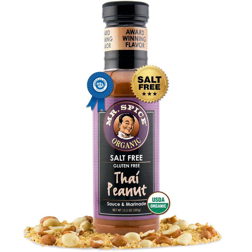 Mr. Spice Organic Thai Peanut Sauce jar front, gluten-free and zero added salt