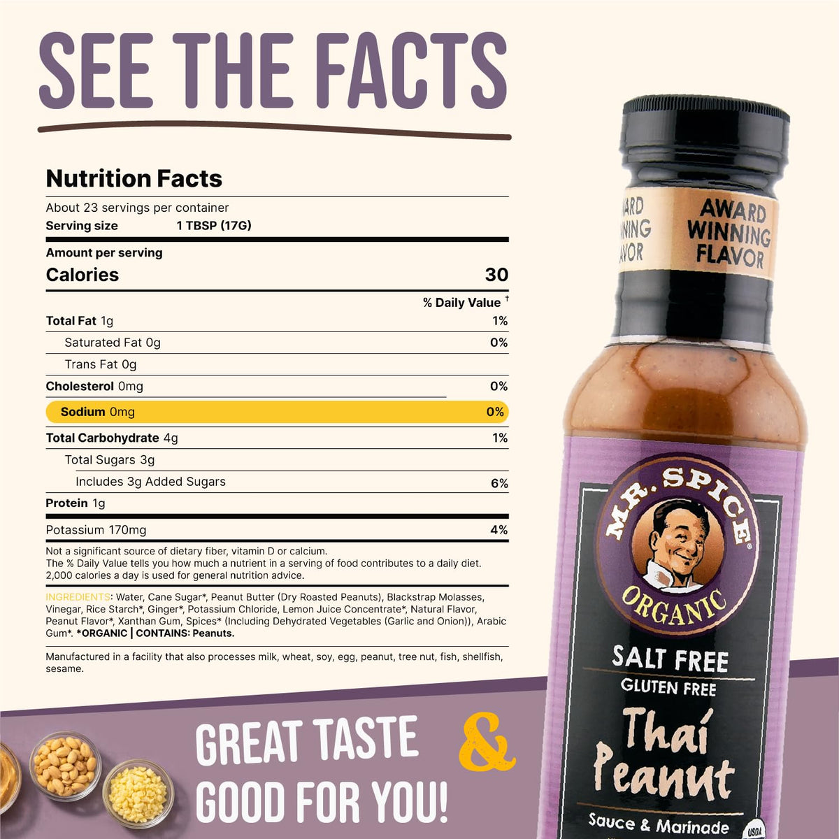 Label closeup of Mr. Spice Thai Peanut Sauce highlighting organic, gluten-free