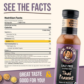 Label closeup of Mr. Spice Thai Peanut Sauce highlighting organic, gluten-free