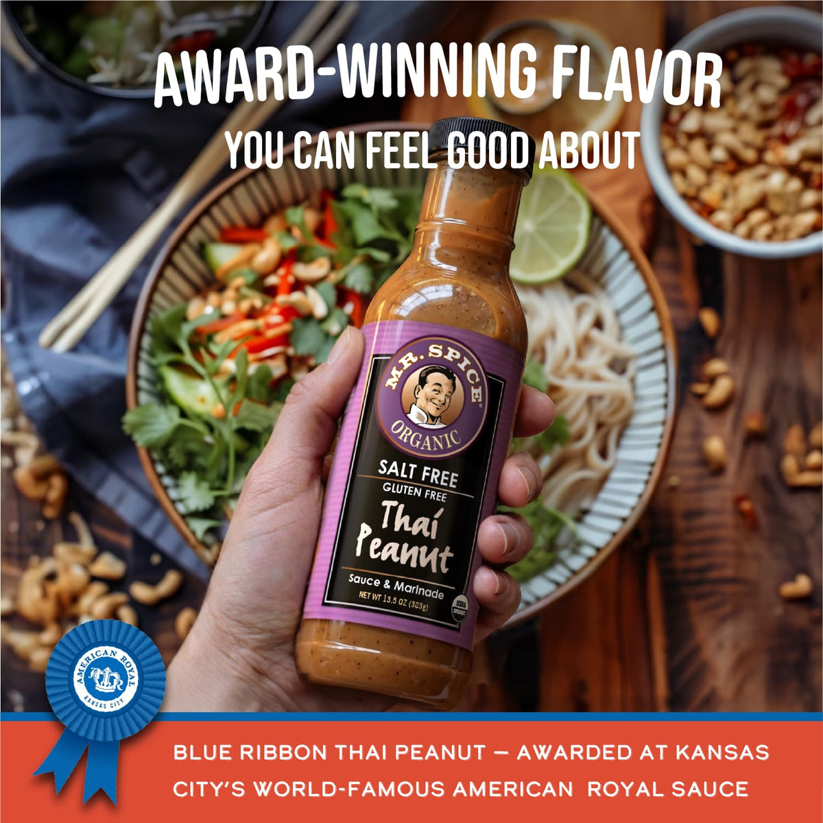 Pouring Mr. Spice salt-free peanut sauce over noodles for quick meals