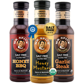 Mr. Spice Griller's Choice Honey BBQ glaze shown for bold, salt-free flavor on grilled meats