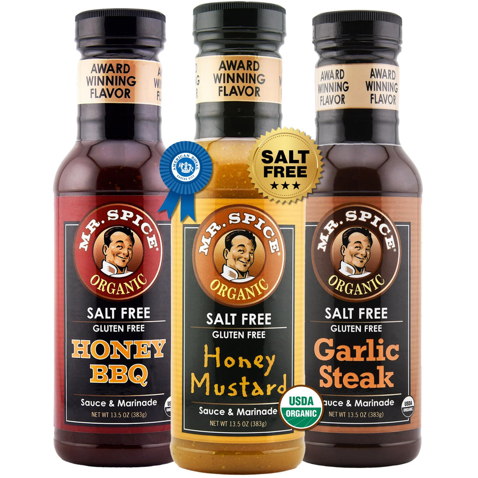 Mr. Spice Griller's Choice Honey BBQ glaze shown for bold, salt-free flavor on grilled meats