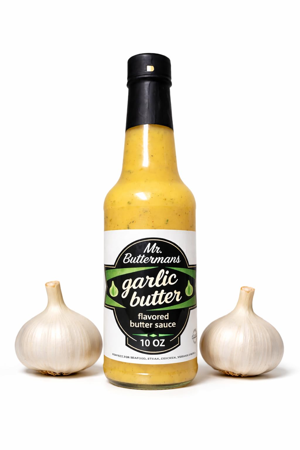 Mr.Buttermans gourmet garlic butter sauce bottle pour for rich flavor at home.