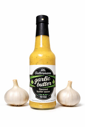 Mr.Buttermans gourmet garlic butter sauce bottle pour for rich flavor at home.
