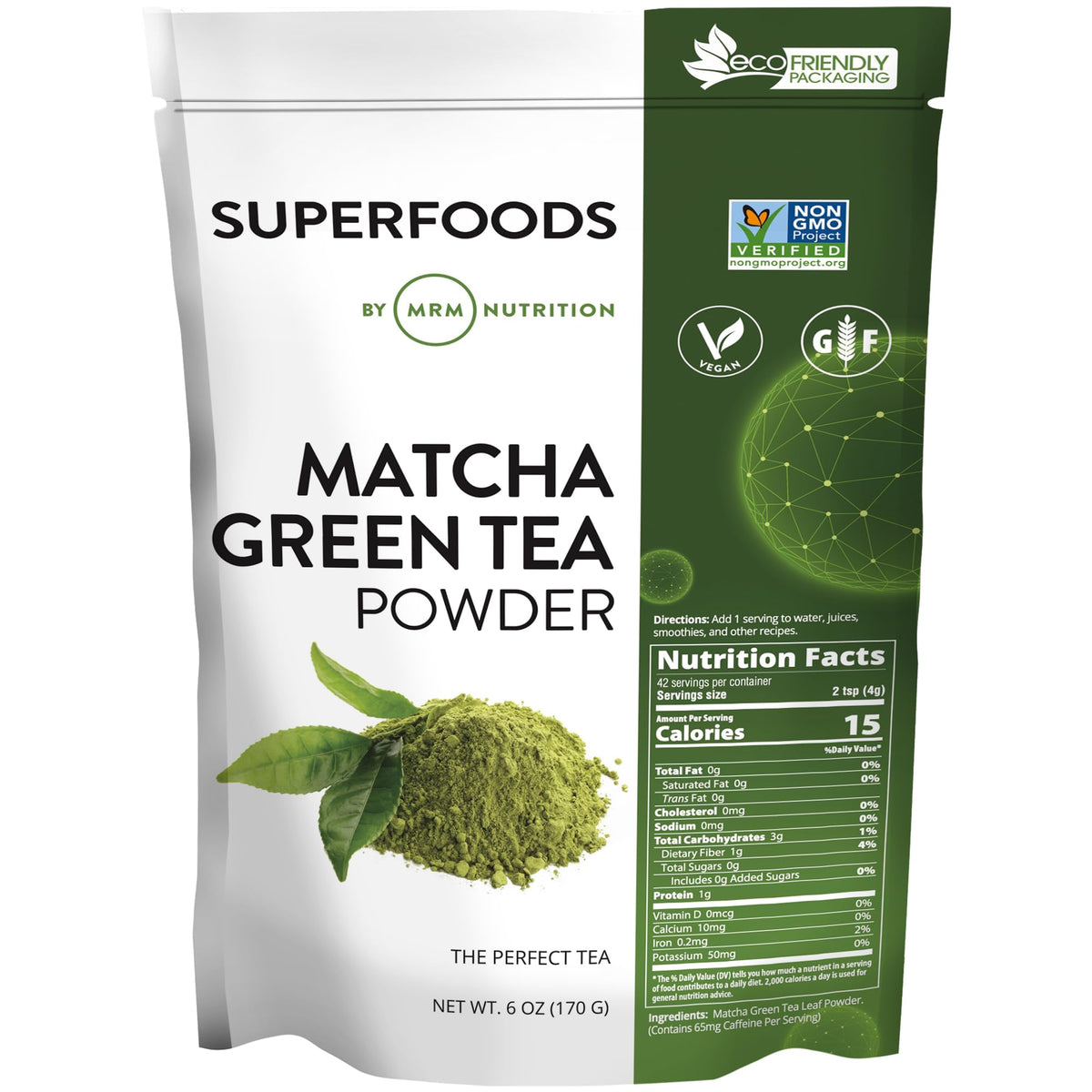 MRM Matcha green tea powder in a bag, authentic unsweetened energy booster.
