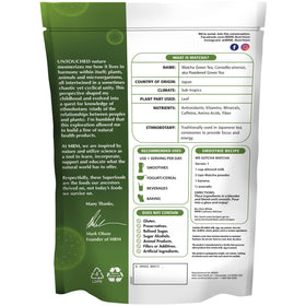MRM Matcha powder used in a cup latte, versatile for smoothies and desserts.