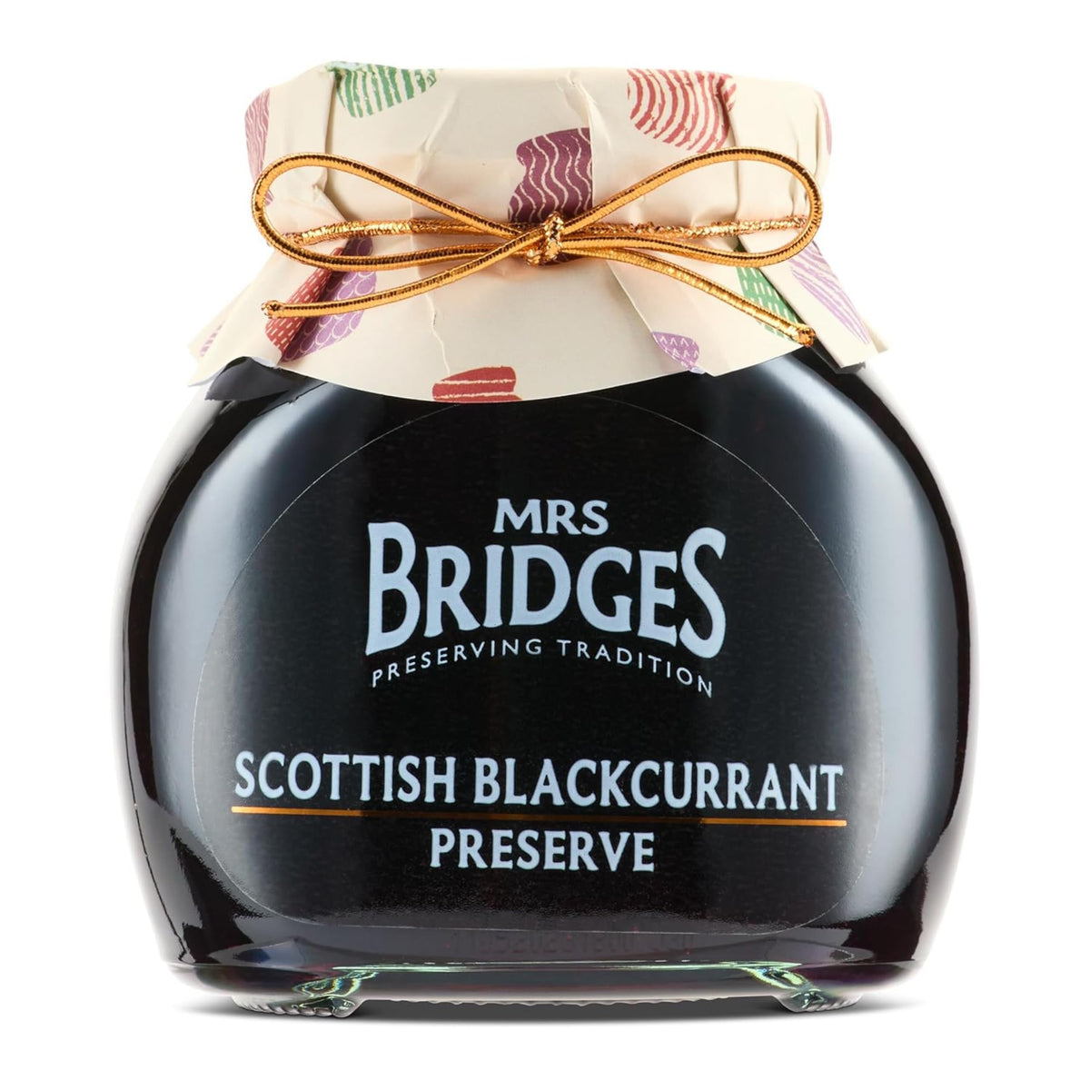 Mrs Bridges Blackcurrant Preserve jar with rich color, ideal for breakfast.