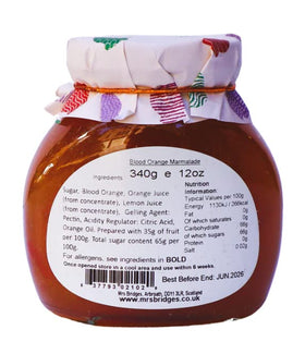 Mrs Bridges blood orange marmalade peel visible highlights zesty brightness ideal for pastries.