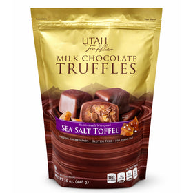 Mrs. Call's Utah Truffles box open reveals glossy milk chocolate toffee, ideal for gifting.