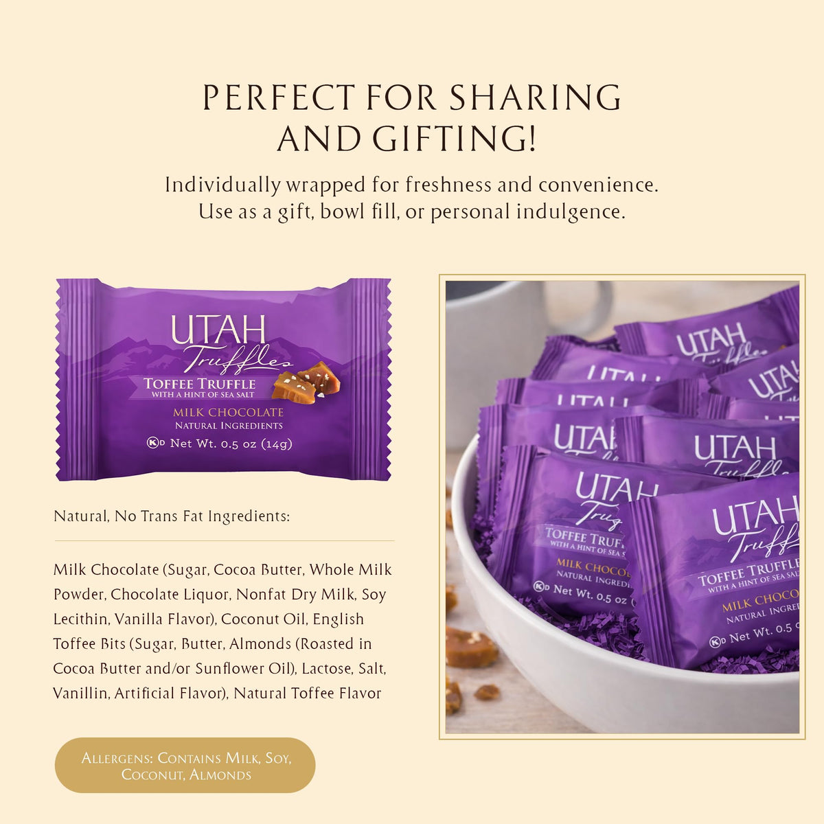 Gluten-free label on Mrs. Call's Utah Truffles packaging signals a gluten-free option.