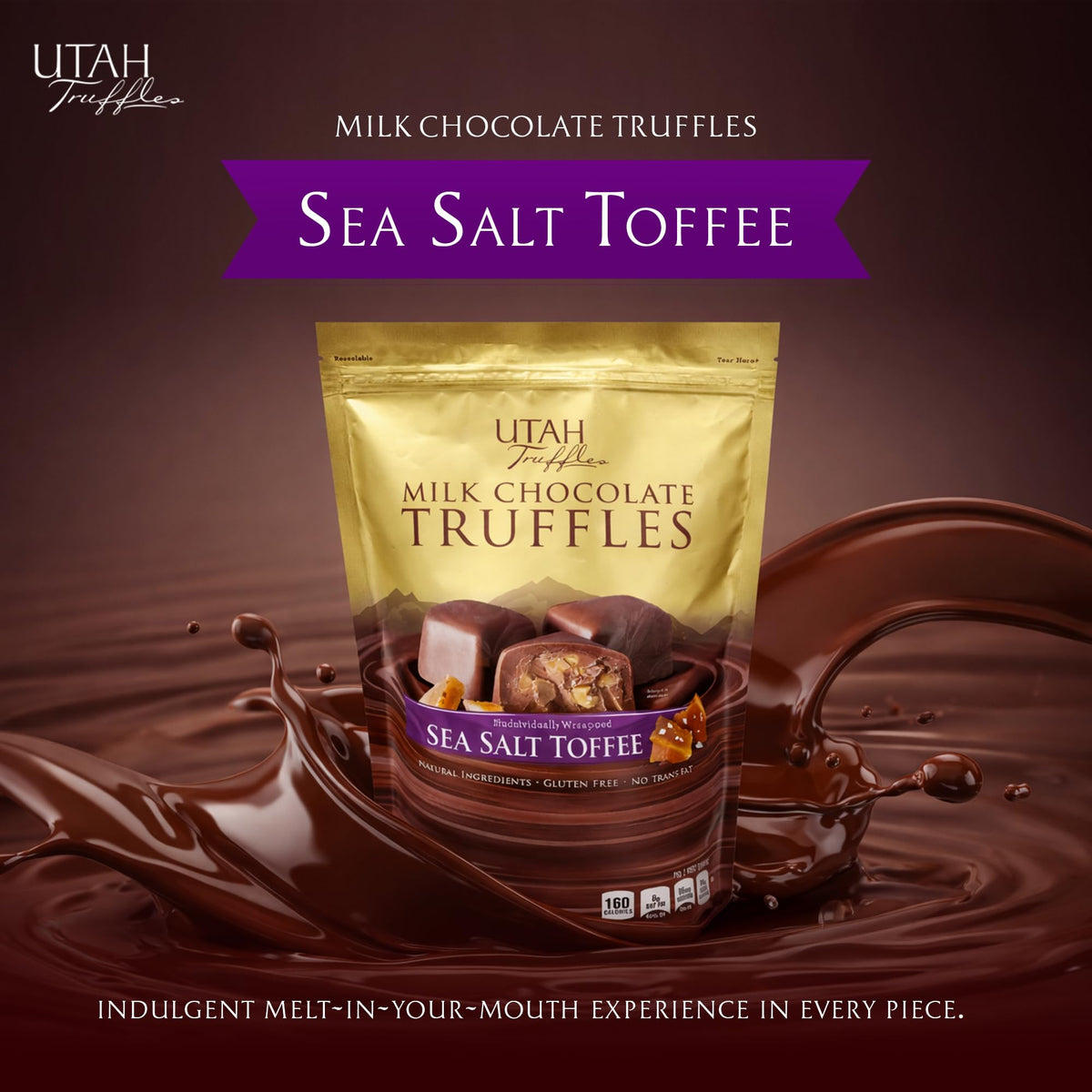 Close-up of Mrs. Call's Utah Truffles milk chocolate toffee showing creamy texture and crunch.