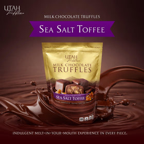 Close-up of Mrs. Call's Utah Truffles milk chocolate toffee showing creamy texture and crunch.