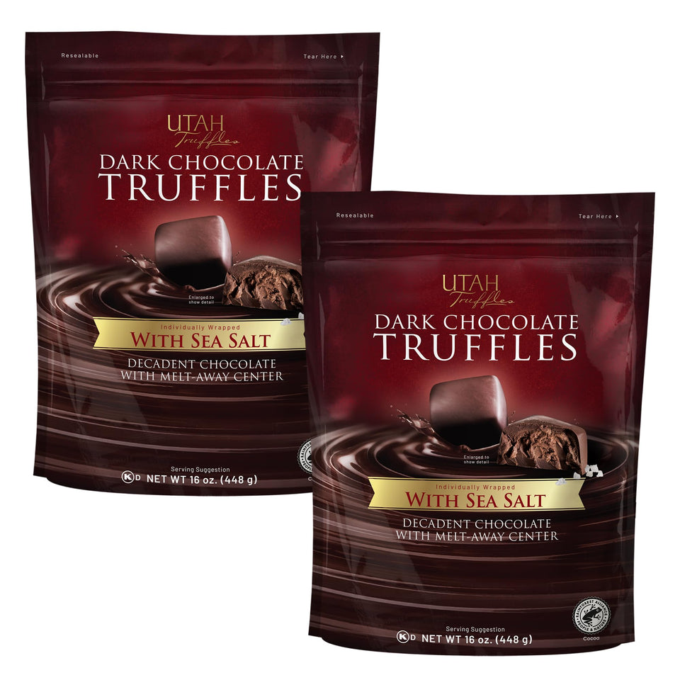 Mrs. Call's Utah Truffles sea salt dark chocolate packaging in resealable pouch for freshness