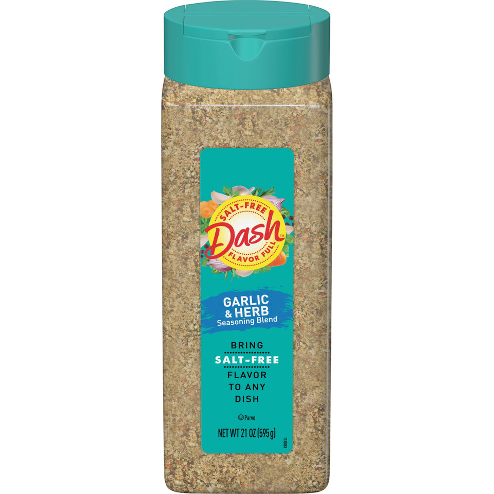 Mrs. Dash Garlic & Herb salt-free bottle enhances flavor without added salt.