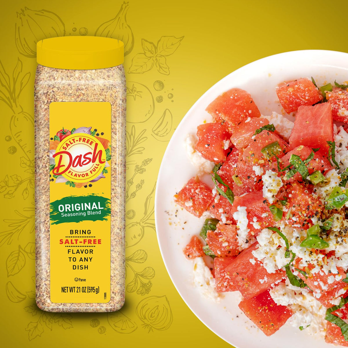 Mrs. Dash Original bottle pour, convenient shaker for quick seasoning.