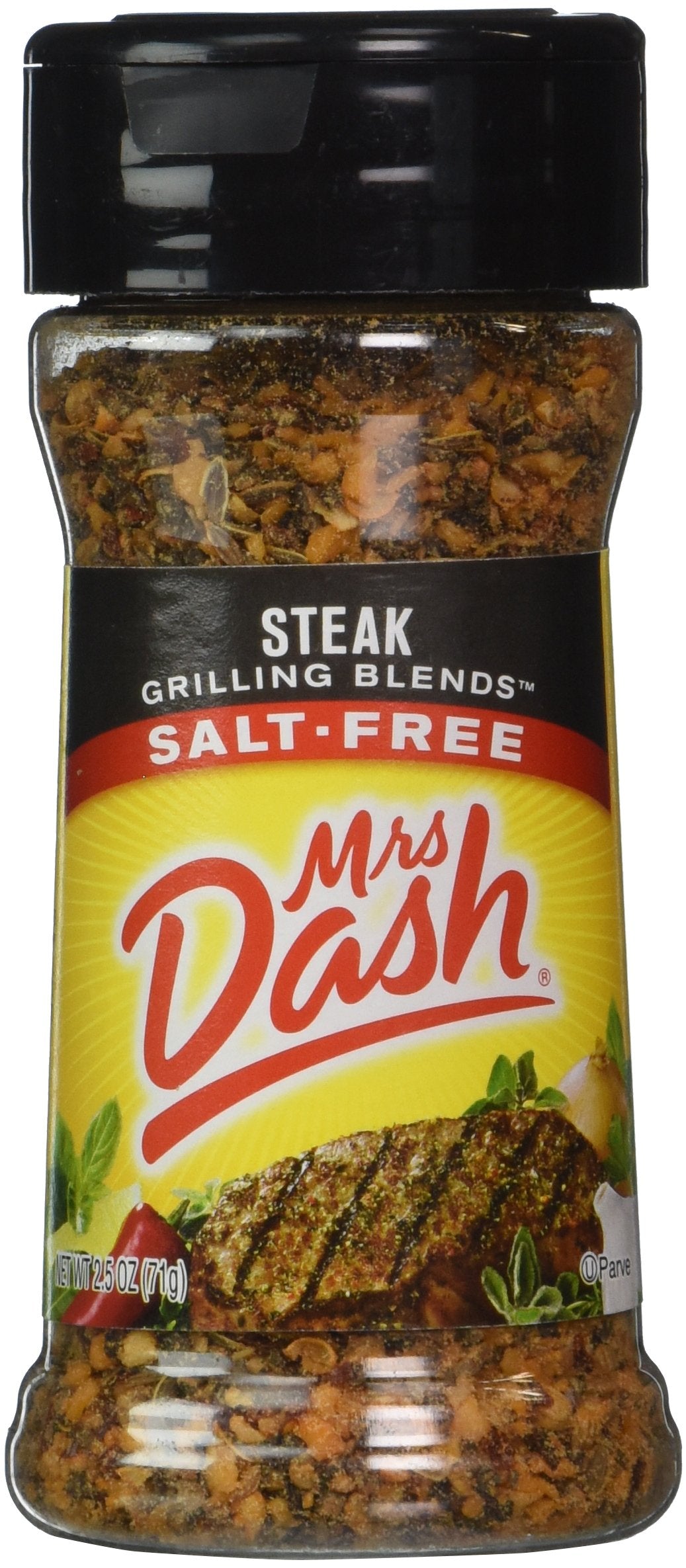 Mrs. Dash Steak Grilling Blend bottle front showing salt-free beef seasoning for flavor