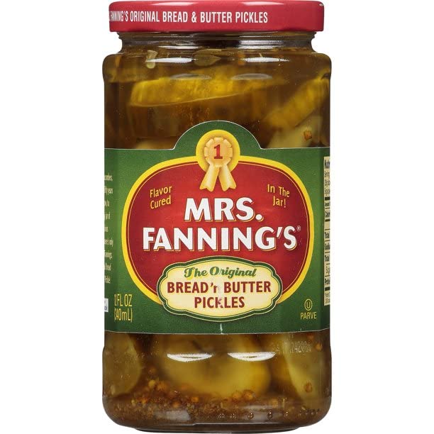 Mrs. Fanning's Bread and Butter Pickles jar showing crisp cucumber slices for a crunchy bite.
