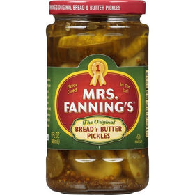 Mrs. Fanning's Bread and Butter Pickles jar showing crisp cucumber slices for a crunchy bite.